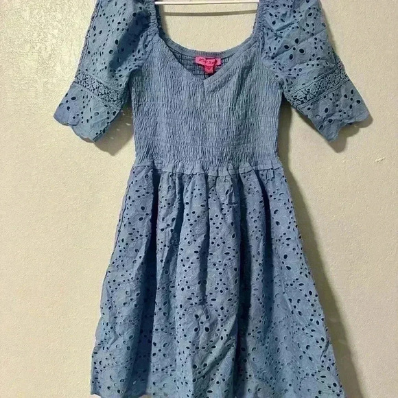 99. Betsey Johnson All Eyes on Eyelet Mini Dress Blue - Picture 3 of 9
